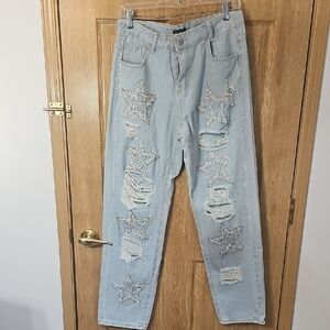 Stylish Light Blue Star-Studded Straight Leg Jeans